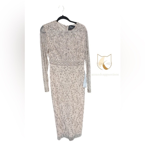 MAC DUGGAL Porcelain sheer long sleeve beaded tea length dress BNWOT - Picture 6 of 10